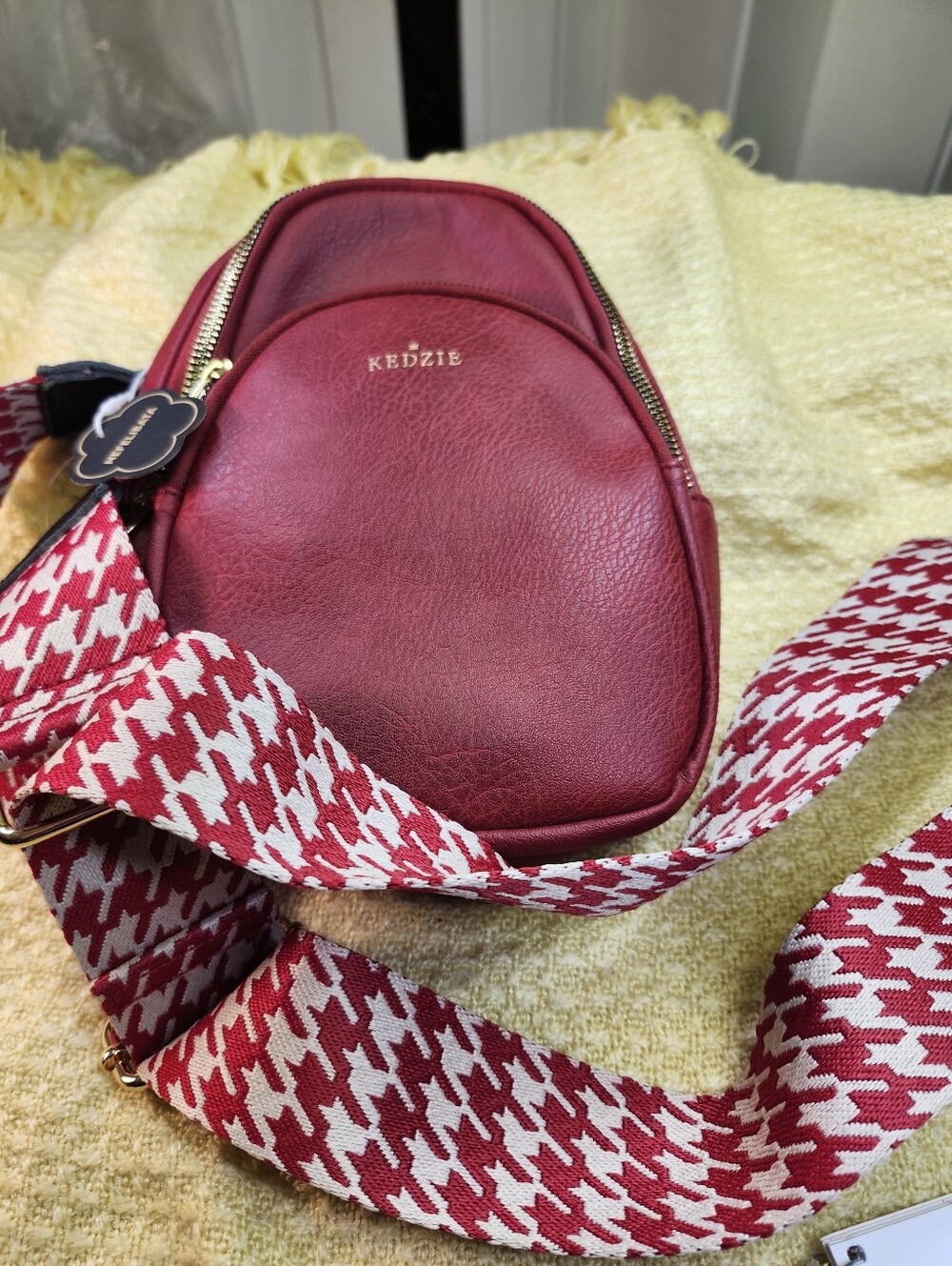 Kedzie Cherry Red Leather Crossbody with Patterned Strap